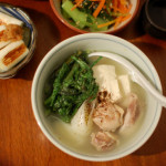 家飲み献立、鶏豆腐、椎茸と三つ葉の和え物。