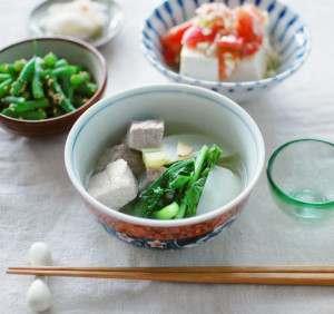 白菜漬け インゲンのごま和え ネギ塩トマト豆腐 塩豚と蕪のスープ煮