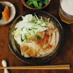 ぬか漬け 豆腐とえのきの味噌汁 小松菜の海苔塩和え 豚肉の梅照り焼き