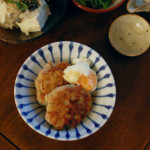 れんこんつくね温玉添え、ぬか漬けやっこ献立。